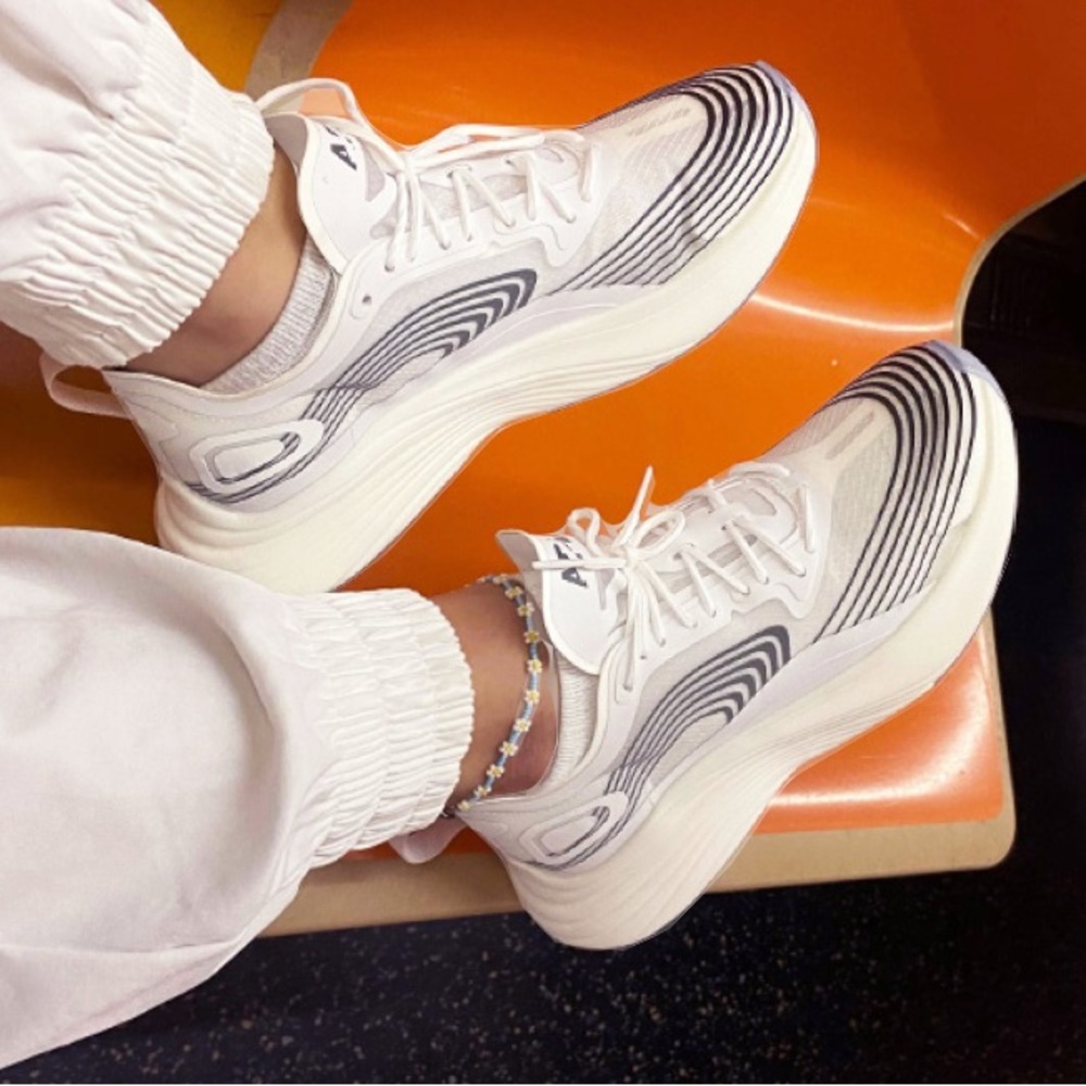 White and Blue Sneakers with Breathable Mesh and Curved Sole